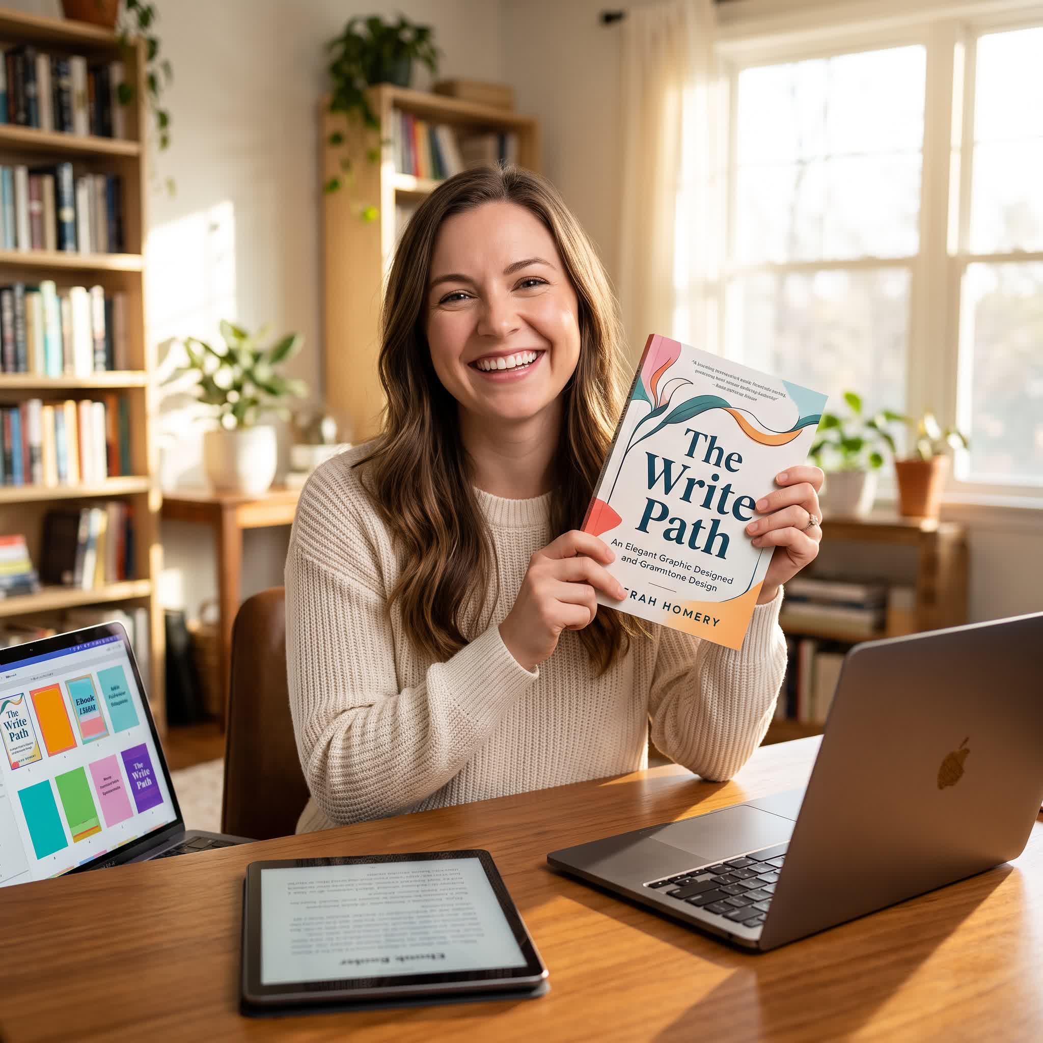 Author holding her published book